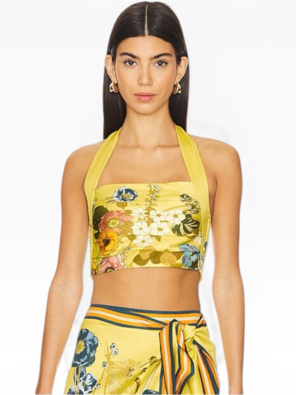 Alemais Cresida Halter Neck Smocked Yellow Floral Linen Crop Top Size XS / 2